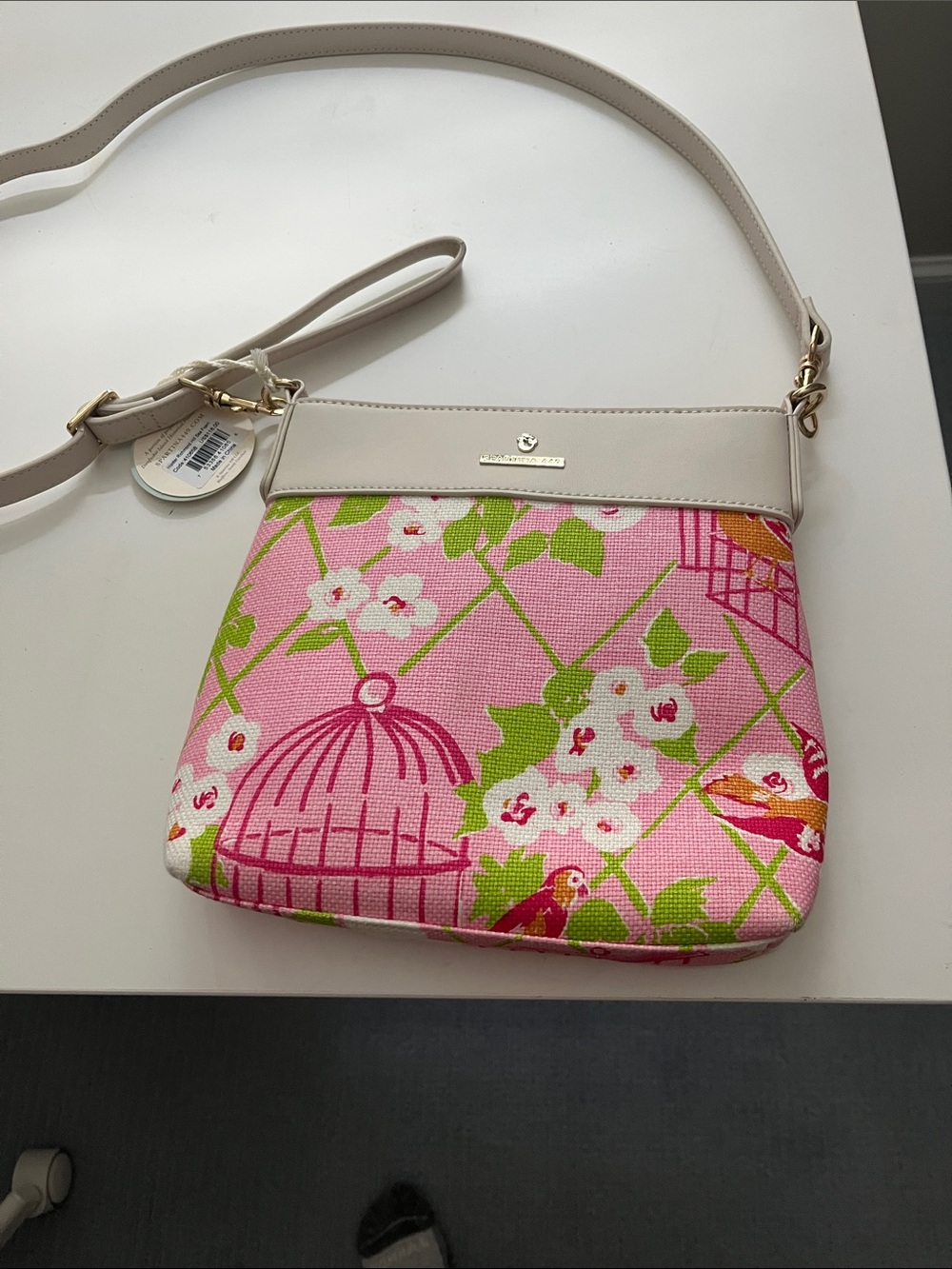 Spartina Pink Floral Birdcage Crossbody with Cream and gold trim